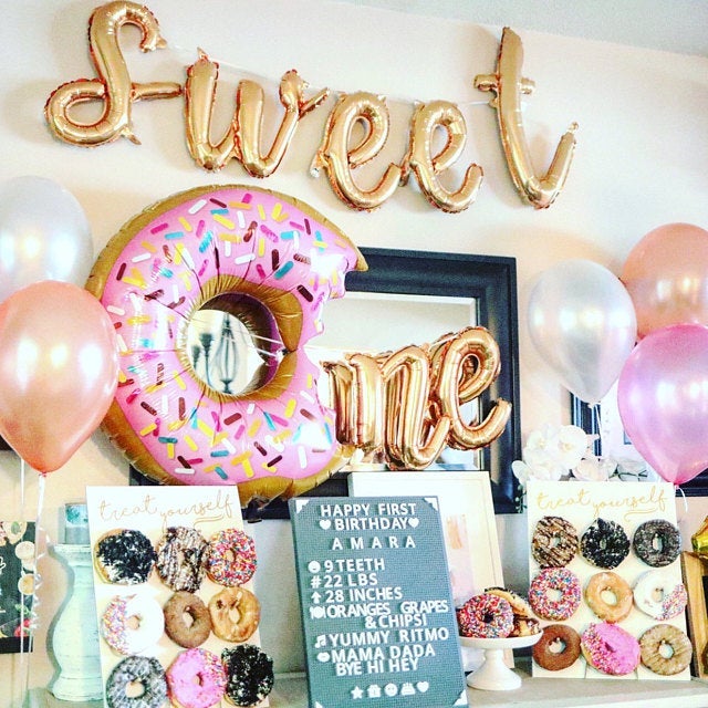 KUNGOON Sweet One Geburtstags-Banner Set – Eiscreme-Donut Deko Zum 1. Geburtstag (rosa, Glitzer-Design)