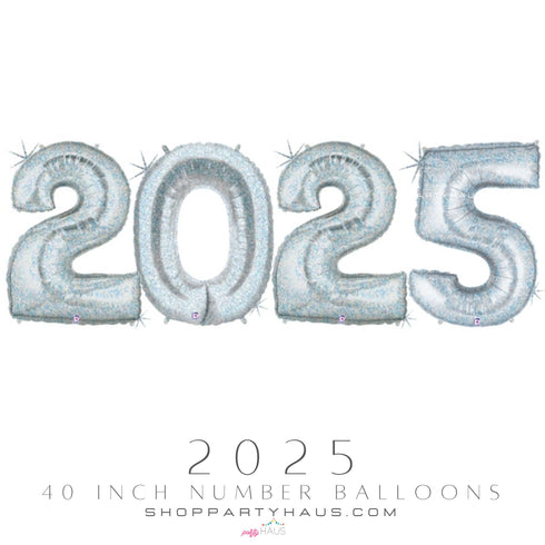 2025 Glitter Holographic Silver Number Foil Balloons | 40 Inch