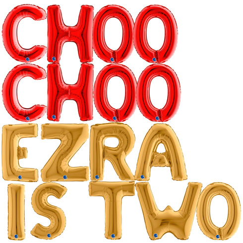 "CHOO CHOO Name IS TWO" Letter Balloons | Red | Silver | Gold | Rose Gold | Pink | Blue