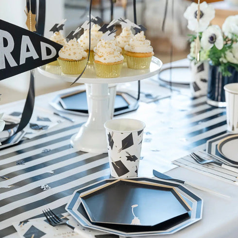 Graduation Cap Paper Party Cups | Black and Gold Tassel | Package 8
