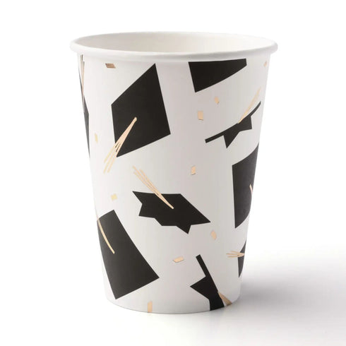 Graduation Cap Paper Party Cups | Black and Gold Tassel | Package 8