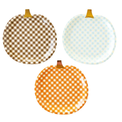 Fall Harvest Gingham Pumpkin Shaped Paper Party Plates | Package 9