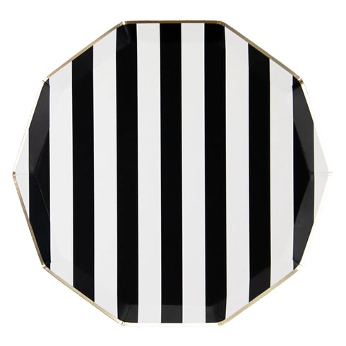 Black Striped Cabana Paper Plates | Gold Trim | 10.75 Inch | Package 8
