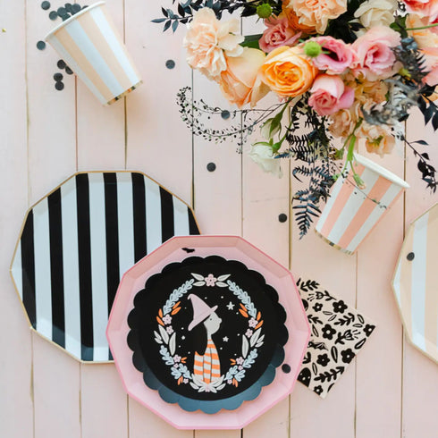 Black Striped Cabana Paper Plates | Gold Trim | 10.75 Inch | Package 8