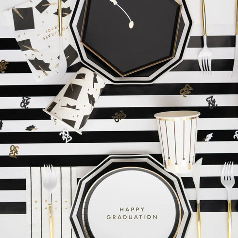 Black White Stripe Decagon Paper Plates | 10.75 Inch | Package 8