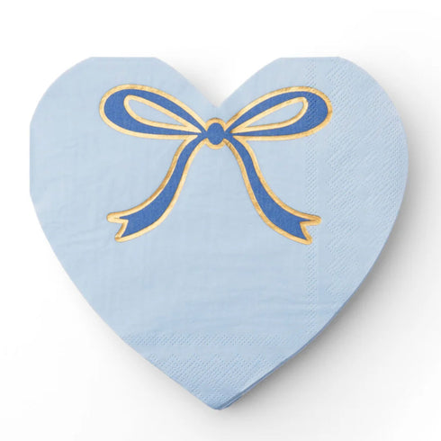 Blue Bow Printed Heart Shape Paper Cocktail Napkins | Package 20