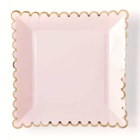Square Blush Pink Scalloped Paper Plates | Gold Trim | 9 Inch | Package 8
