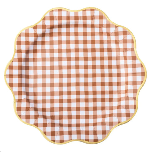 Mocha Brown Gingham Paper Plates | 11 Inch | Package 8