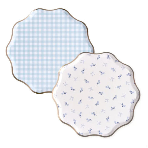 Blue Gingham Floral & Bows Paper Plates | Costal Pretty Collection | Package 8