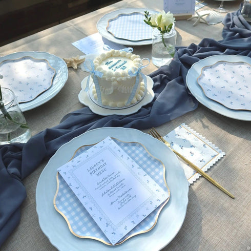 Blue Gingham Floral & Bows Paper Plates | Costal Pretty Collection | Package 8