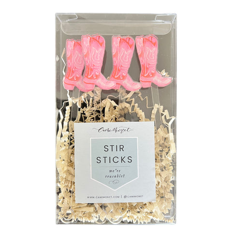 Pink Watercolor Cowgirl Boot Plastic Cocktail Stirrers | Set 4
