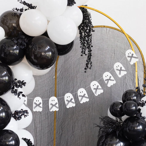 White Ghost With Bows Puffy Felt Hanging Garland | White & Black Stripe Bows