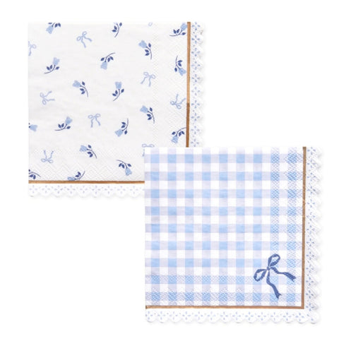 Blue Gingham Floral & Bows Scalloped Paper Napkins | 11 Inch | Package 24