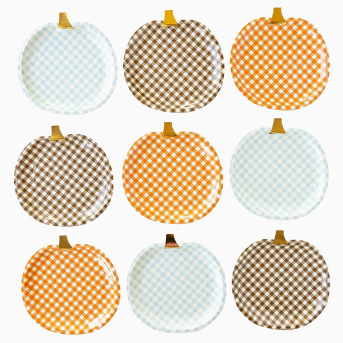 Fall Harvest Gingham Pumpkin Shaped Paper Party Plates | Package 9