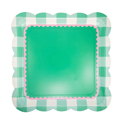 Pink & Green Gingham Plaid Scallop Square Paper Plates | 11 Inch | Package 8