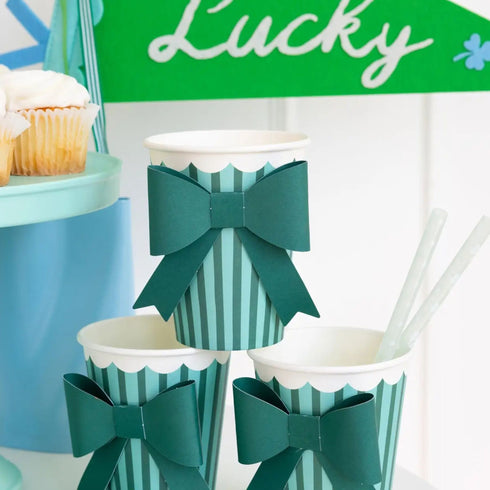 Green Stripe Bows Paper Party Cups | 12 oz | Package 8