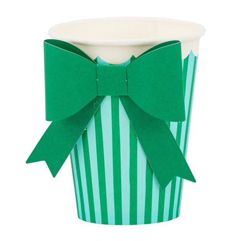 Green Stripe Bows Paper Party Cups | 12 oz | Package 8