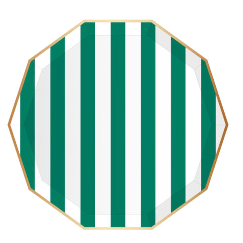 Emerald Green Striped Cabana Paper Plates | Gold Trim | 10.75 Inch | Package 8