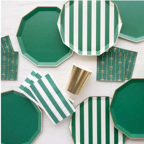 Emerald Green Striped Cabana Paper Plates | Gold Trim | 10.75 Inch | Package 8