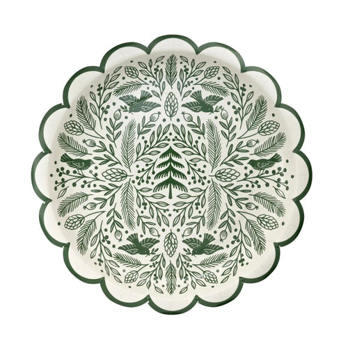 Green Woodland Toile Paper Party Plates | Package 8