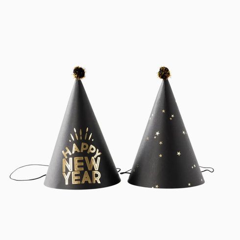 Happy New Year Paper Party Hats Set 6 | Black + Gold
