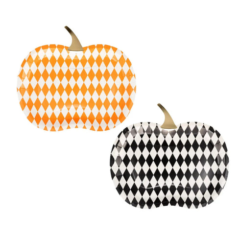 Harlequin Gingham Pumpkin Shaped Paper Party Plates | Package 8