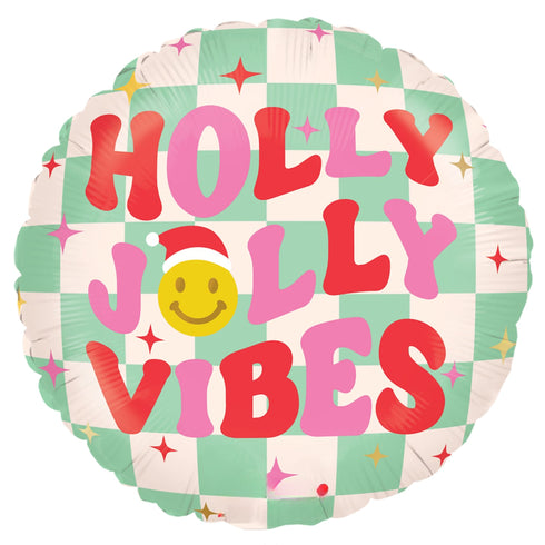 Holly Jolly Vibes Smiley Face Christmas Foil Balloons | 18 Inch Round
