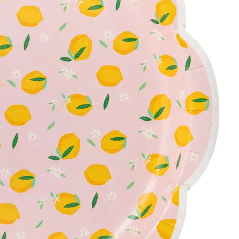 Pink Lemons Paper Plates | 8 Inch Round Scallop Edge | Package 8