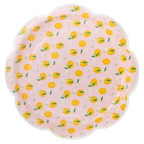Pink Lemons Paper Plates | 8 Inch Round Scallop Edge | Package 8