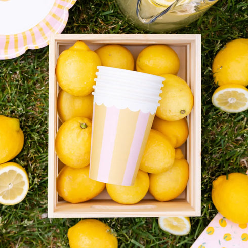 Pink & Yellow Lemonade Striped Paper Cups | 12 Oz | Set 8
