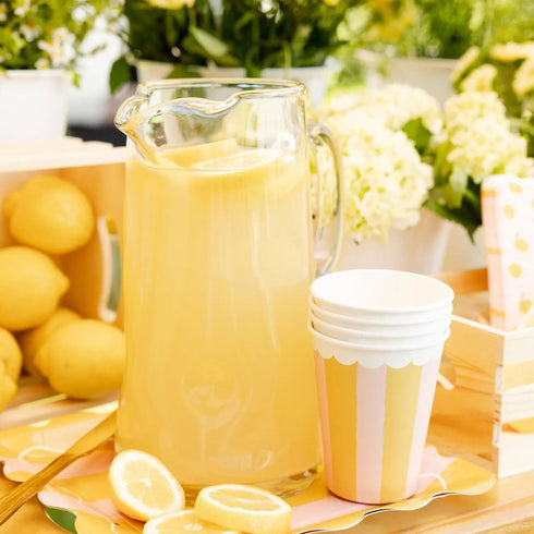 Pink & Yellow Lemonade Striped Paper Cups | 12 Oz | Set 8