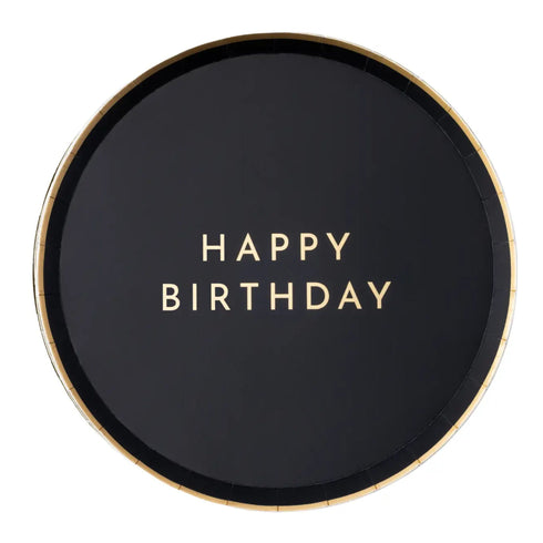 Black Noir Happy Birthday Small Paper Plates | Gold Trim | 8-1/4 Inch | Package 8