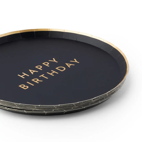 Black Noir Happy Birthday Small Paper Plates | Gold Trim | 8-1/4 Inch | Package 8