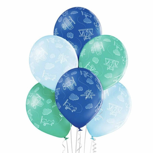Blue Ombre Airplane Printed Latex Balloons | Package 6