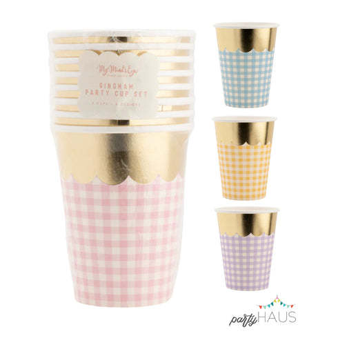Pastel Gingham Scalloped Paper Cups | 12 oz | Package 8