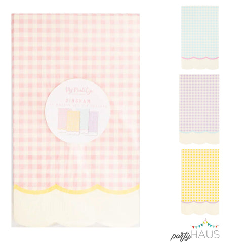 Pastel Gingham Scalloped Paper Party Napkins | Pink, Blue, Lilac and Yellow | Package 24