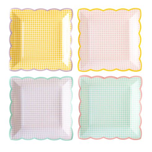 Pastel Gingham Scalloped Paper Plates | 9 Inch | Pink Yellow Blue Lilac | Package 8