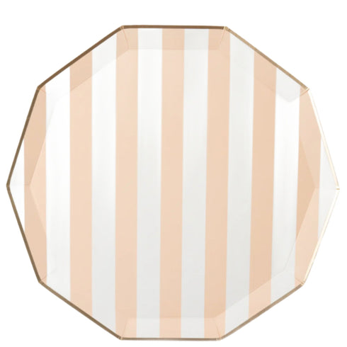 Peach Blush Striped Paper Plates | Gold Trim | 10.75 Inch | Package 8