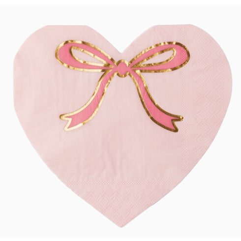 Pink Bow Printed Heart Shape Paper Cocktail Napkins | Package 20