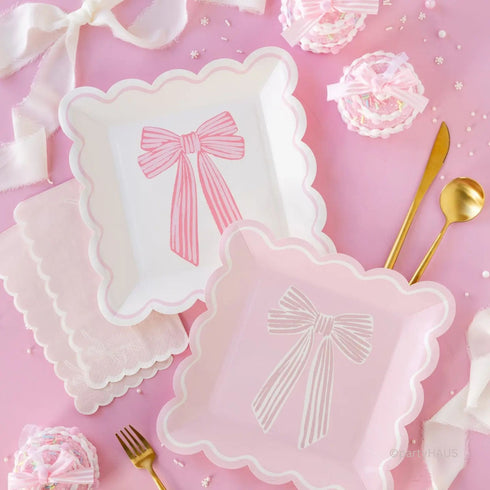 Pink Bows Paper Plates | Scallop Edge | 10 Inch Square | Package 8