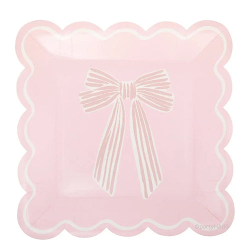 Pink Bows Paper Plates | Scallop Edge | 10 Inch Square | Package 8