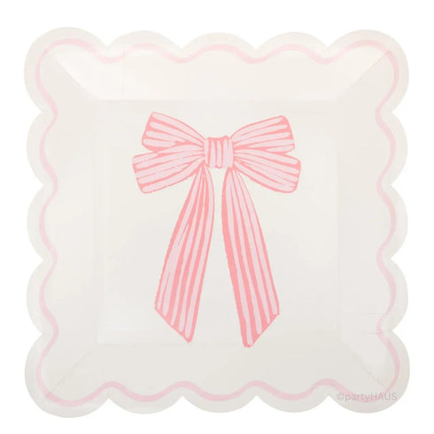 Pink Bows Paper Plates | Scallop Edge | 10 Inch Square | Package 8