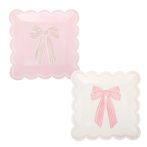 Pink Bows Paper Plates | Scallop Edge | 10 Inch Square | Package 8