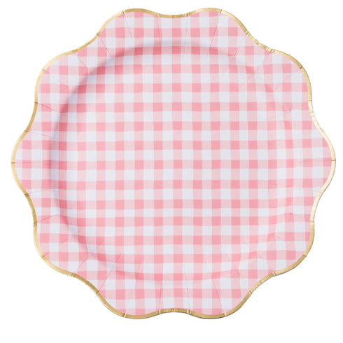 Pink Gingham Scalloped Round Paper Plates | 11 Inch | Package 8