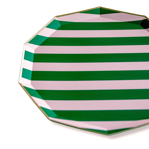 Pink & Green Cabana Striped Paper Plates | 10.75 Inch | Package 8