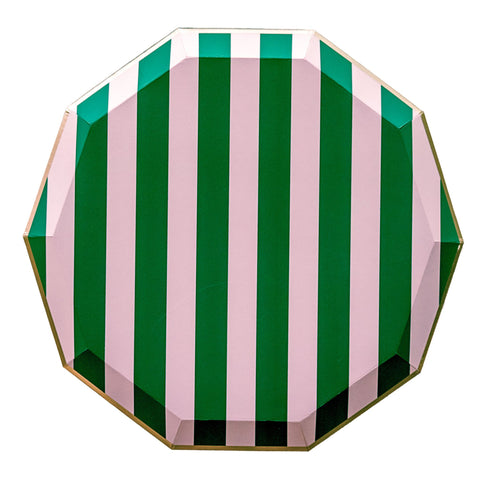 Pink & Green Cabana Striped Paper Plates | 10.75 Inch | Package 8