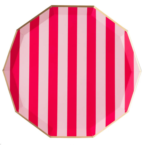 Pink And Haute Pink Cabana Striped Paper Plates | Gold Trim | 10.75 Inch | Package 8