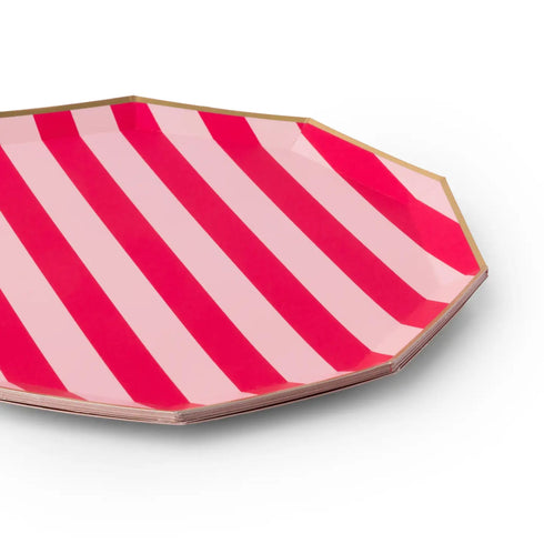 Pink And Haute Pink Cabana Striped Paper Plates | Gold Trim | 10.75 Inch | Package 8