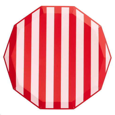Pink And Red Cabana Striped Paper Plates | Gold Trim | 10.75 Inch | Package 8