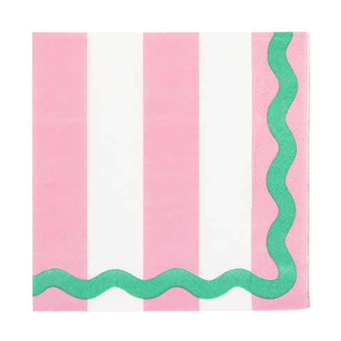 Pink & Green Stripes Ric Rac Paper Cocktail Napkins | 5 Inch | Package 24